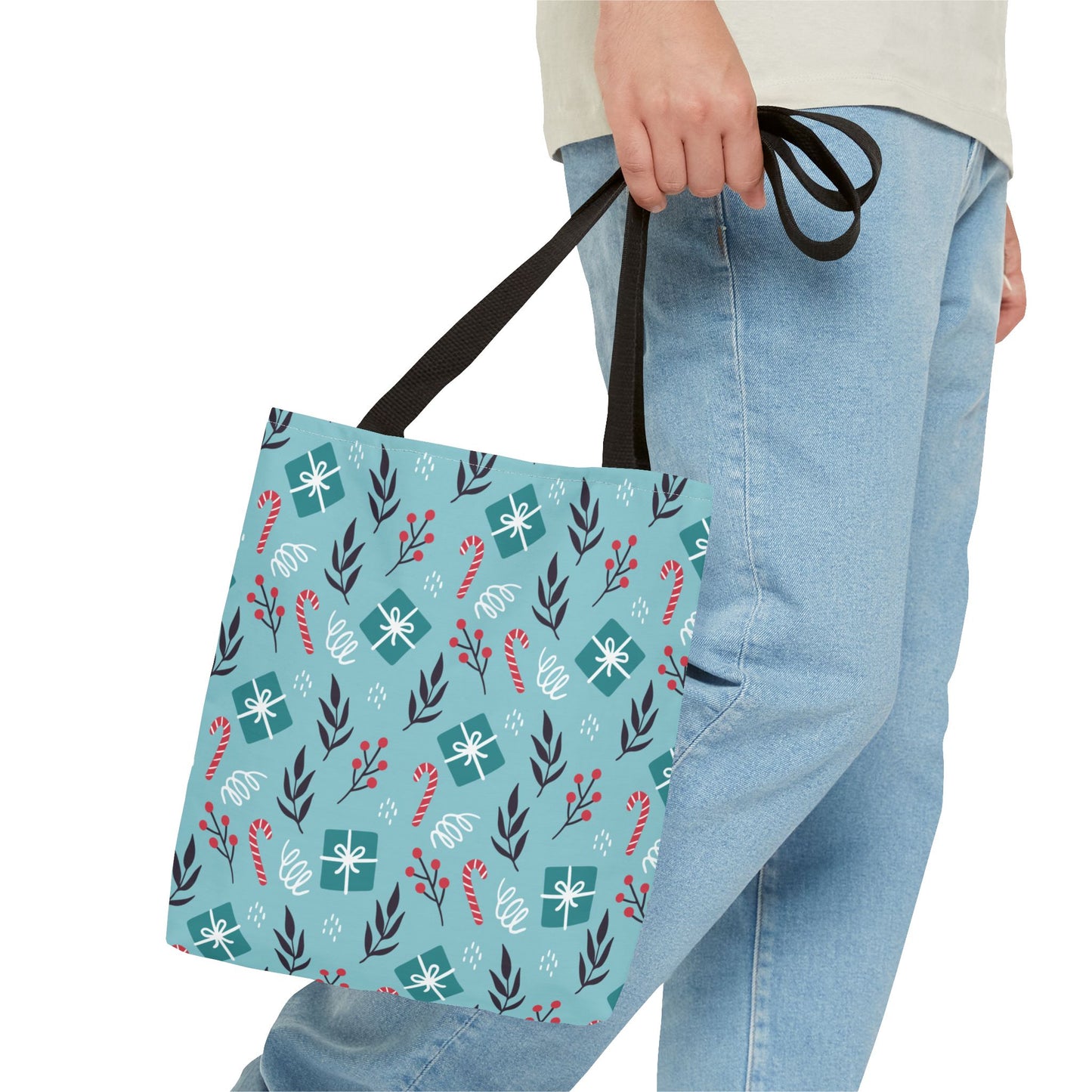 Holiday Gift Pattern Tote Bag – Teal Christmas Candy Cane & Berry Design