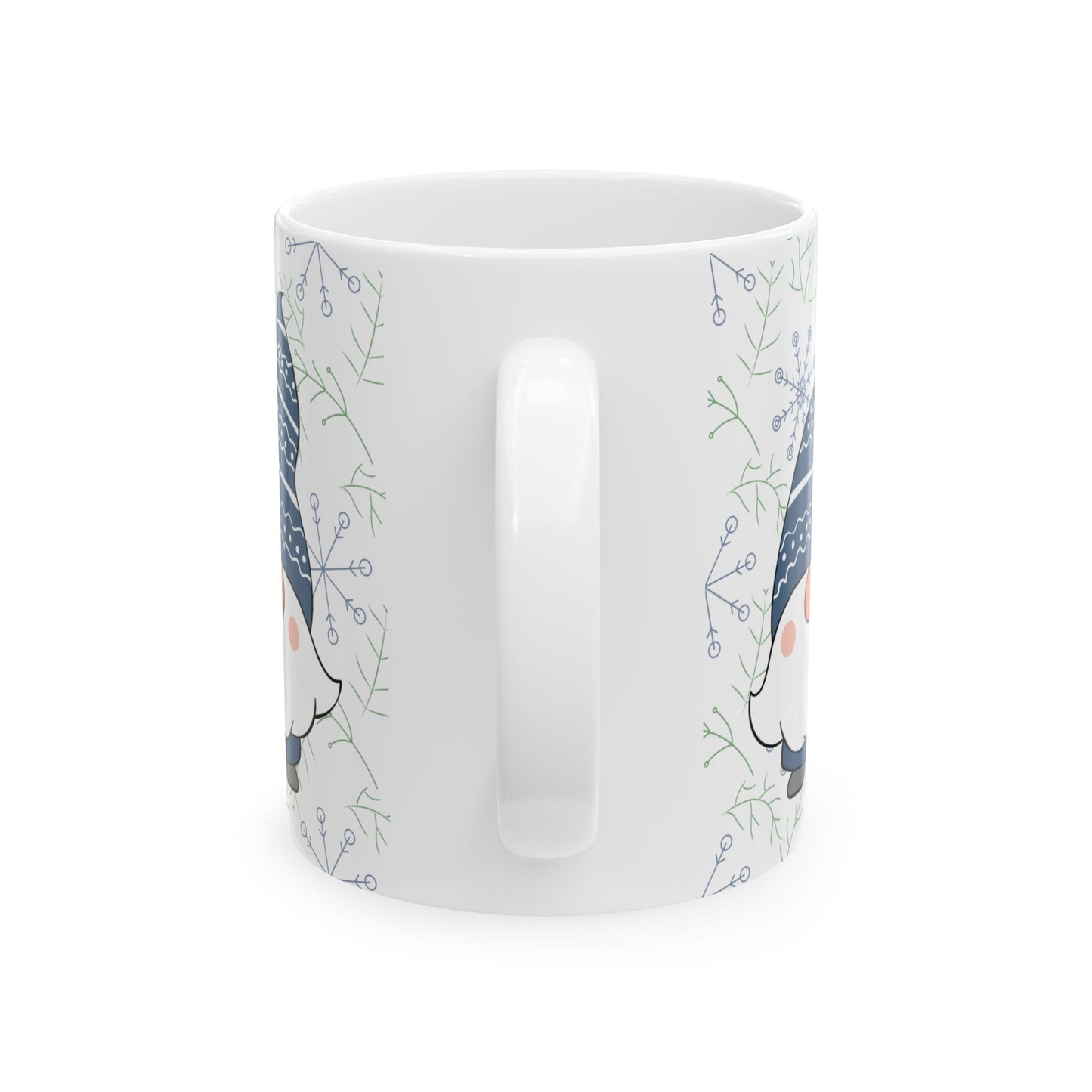 Blue Gnome Winter Mug, Snowflake Ceramic Coffee Cup, Cozy Christmas Gift, 11oz Holiday Gnome Mug