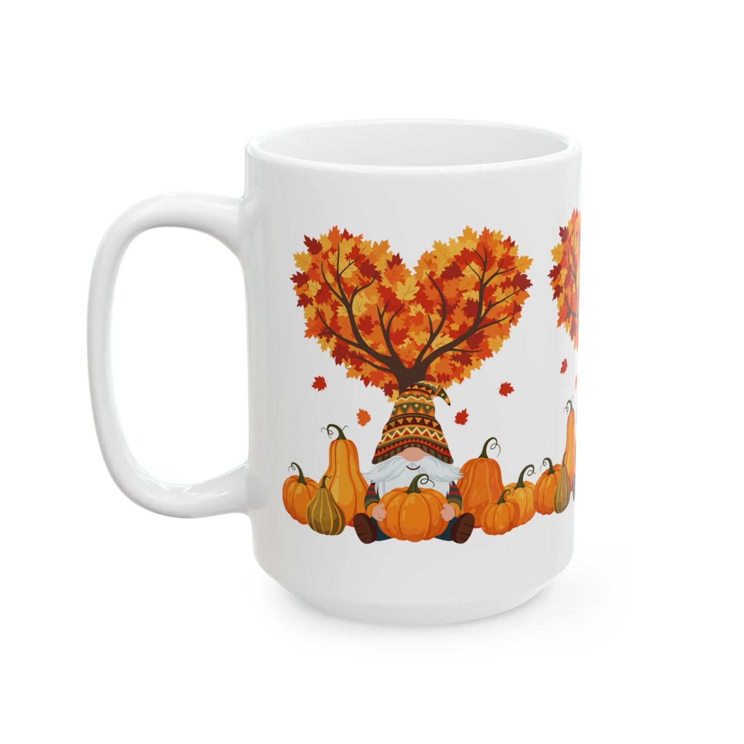 Fall Gnome Pumpkin Mug – Cozy Autumn Coffee Cup with Heart Tree Design, Perfect for Seasonal Sips & Gift Giving