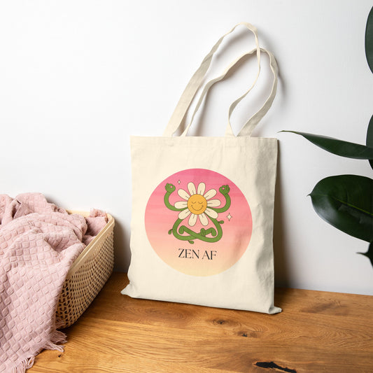 Zen AF Cotton Canvas Tote Bag, Eco-Friendly Bags, Reusable Shopping Tote, Floral Tote, Mindfulness Gift, Gift for Her
