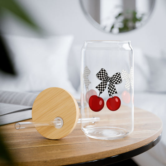 Gingham Cherry Sipper Glass | 16oz Drinking Jar with Straw, Cute Checkered Kitchen Decor, Summer Party Drinkware