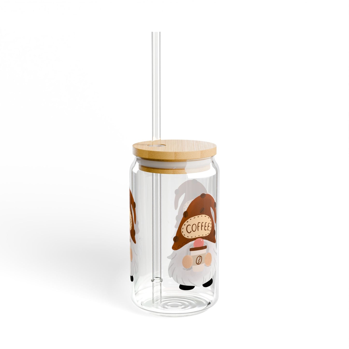 Gnome Coffee Sipper Glass, 16oz, Cute Drinkware, Coffee Lover Gift, Fun Kitchen Decor,  Eco-friendly Beverage Container