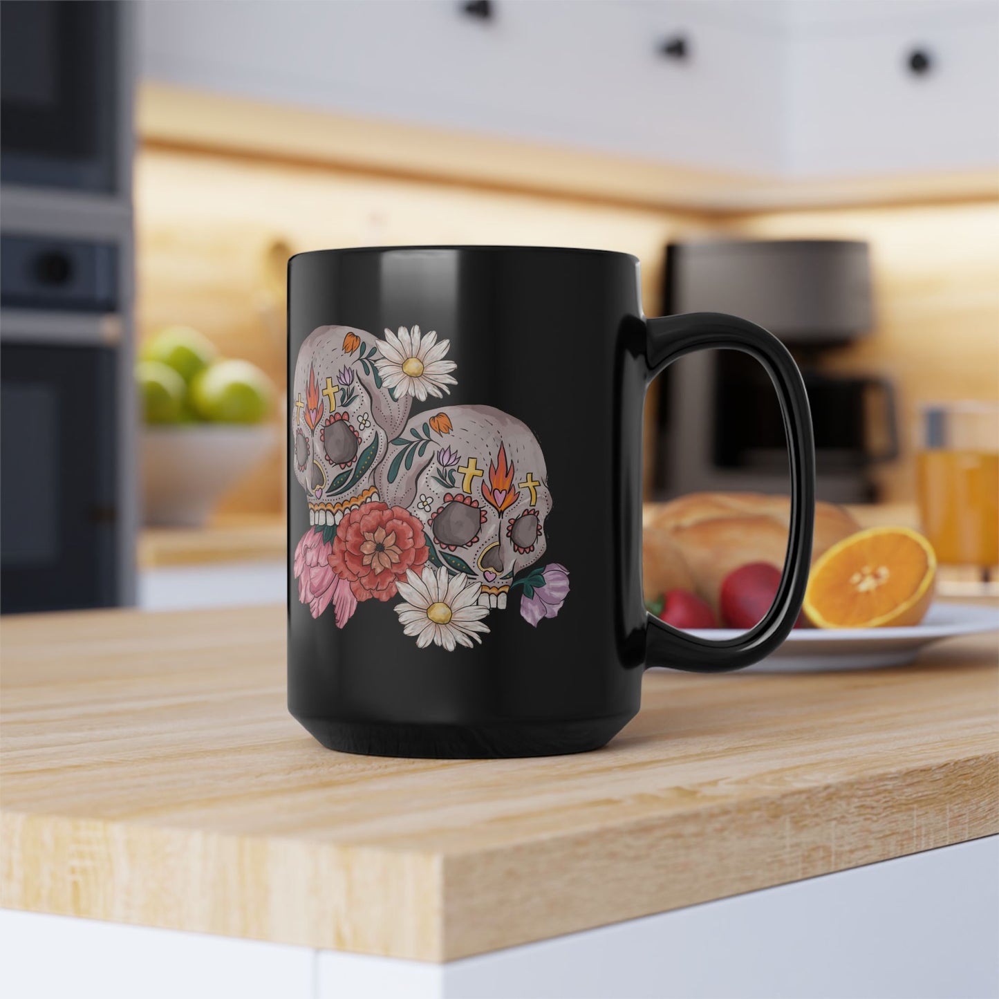 Artistic Sugar Skull Floral Mug - Perfect for Coffee Lovers, Gift for Halloween, Day of the Dead, Home Decor, Unique Art Mug