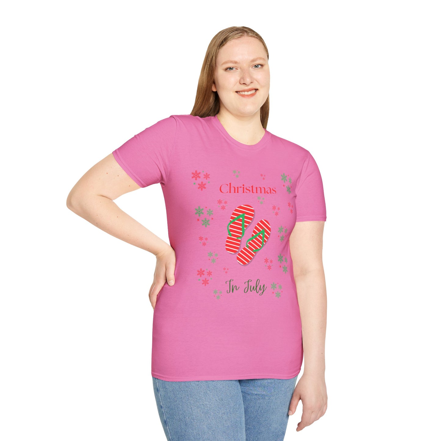 Christmas In July Softstyle T-Shirt, Holiday Apparel, Gift Idea, Summer Vibes, Casual Wear, Holiday Flip Flops