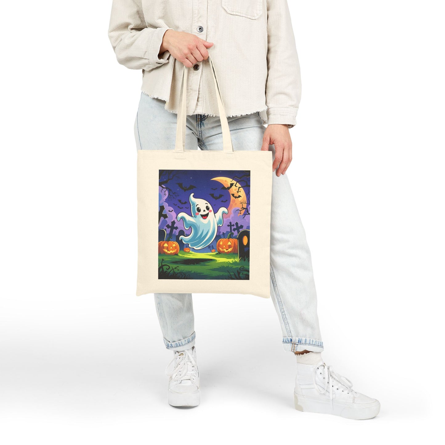 Cotton Canvas Tote Bag - Cute Cartoon Ghost Halloween Bag, Trick or Treat Bag, Halloween Party Bag, Halloween Gift, Halloween Costume