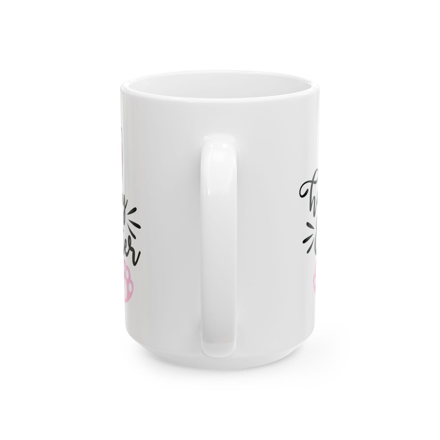 Adorable Happy Easter bunny mug with cute ears & paw prints.