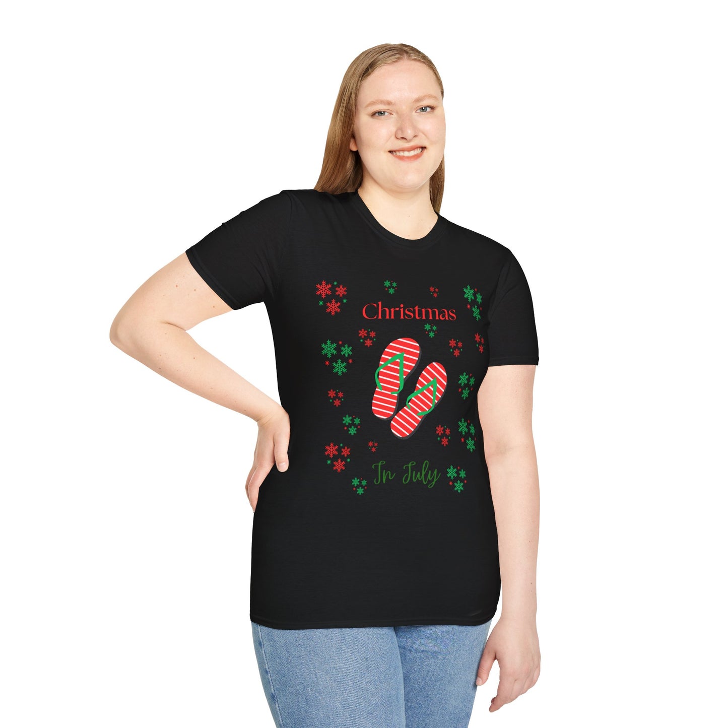 Christmas In July Softstyle T-Shirt, Holiday Apparel, Gift Idea, Summer Vibes, Casual Wear, Holiday Flip Flops