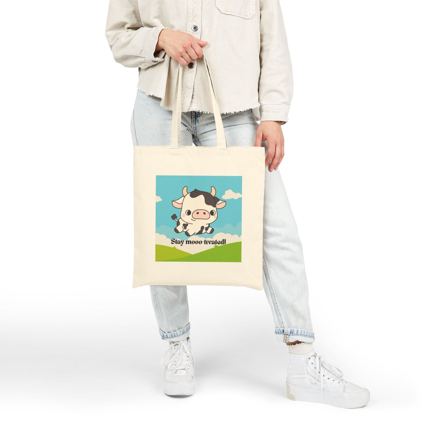 Cute Cow Tote Bag - Stay Moo-tivated, Canvas Shopping Bag, Farm Animal Lover Gift, Eco-Friendly Grocery Bag, Fun Beach Tote, Unique Gift