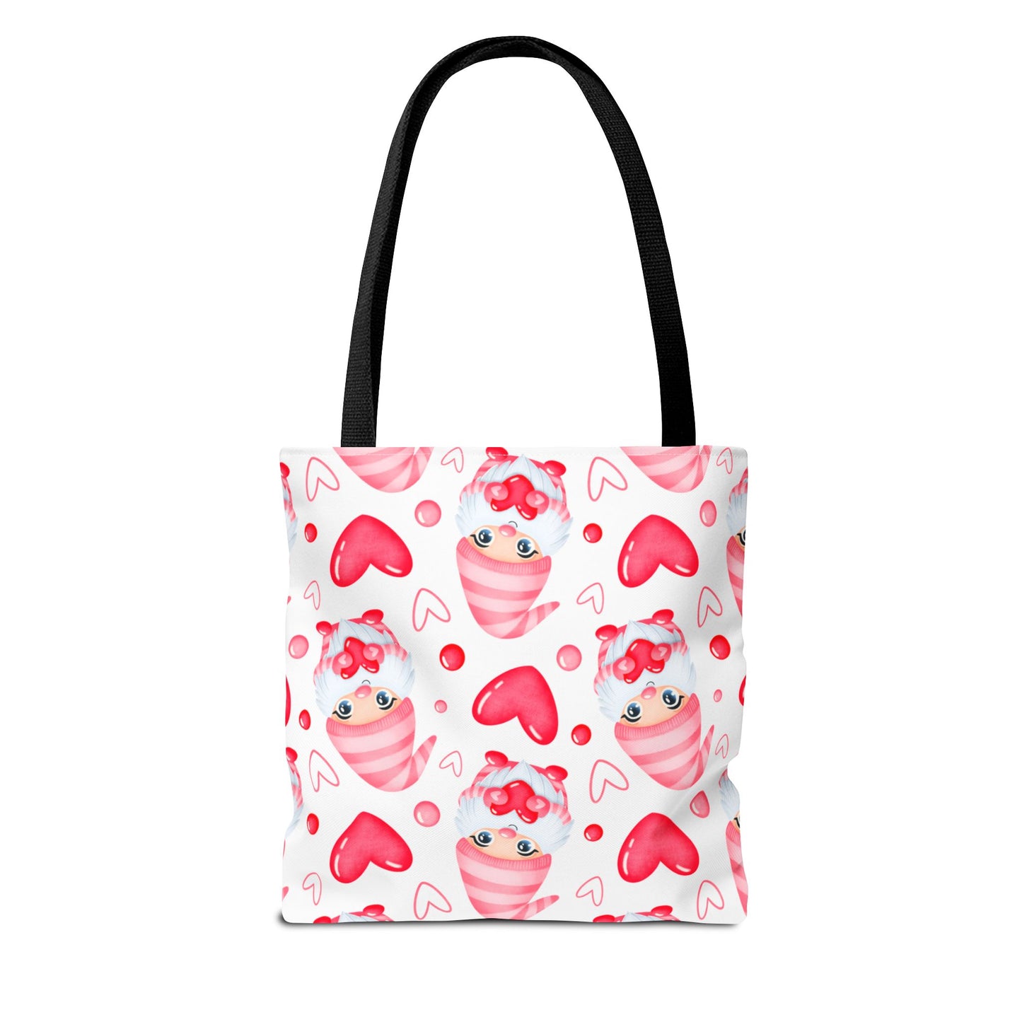 Cute Pink Gnome Tote Bag, Reusable Heart Grocery Bag, Love Themed Purse, AOP Shopping Tote, Valentine's Gift Idea