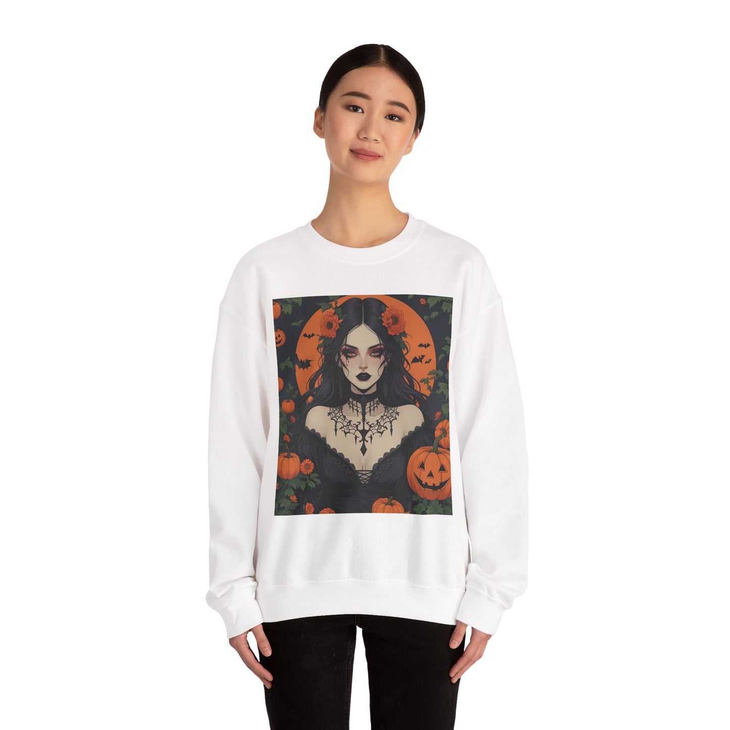 Floral Gothic Girl Halloween Sweatshirt, Cozy Crewneck for Fall, Spooky Season Apparel, Perfect for October Celebrations