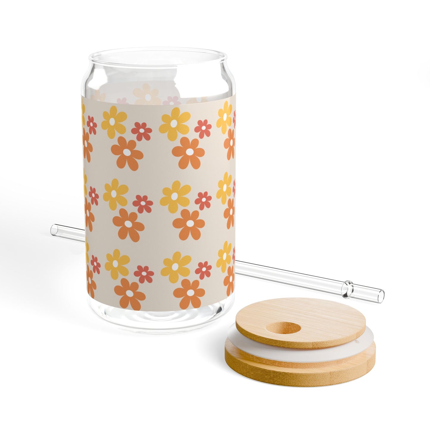 Boho Floral Sipper Glass, 16oz | Retro Drinkware, Summer Hydration, Party Favors, Kitchen Decor, Gift Idea