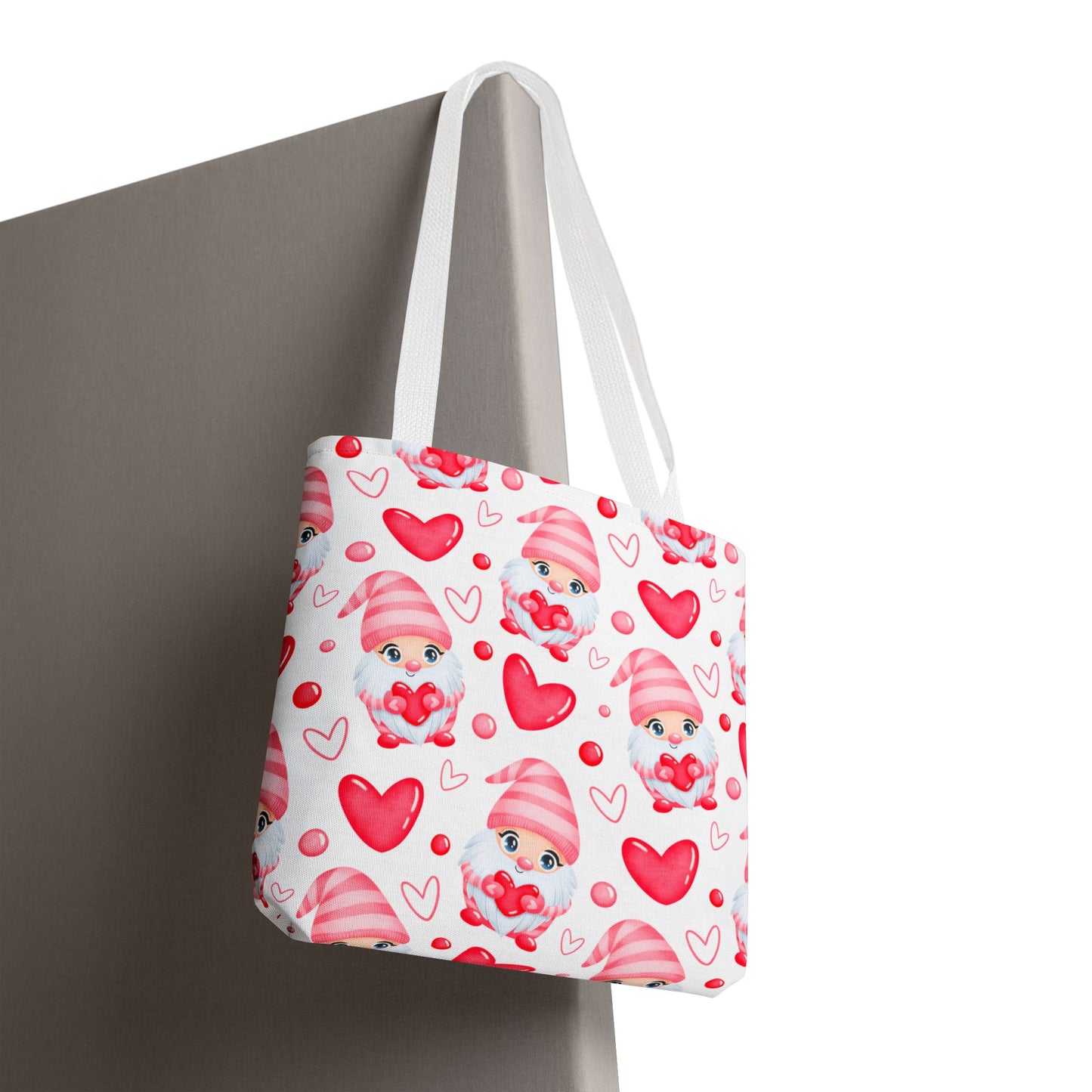 Cute Pink Gnome Tote Bag, Reusable Heart Grocery Bag, Love Themed Purse, AOP Shopping Tote, Valentine's Gift Idea