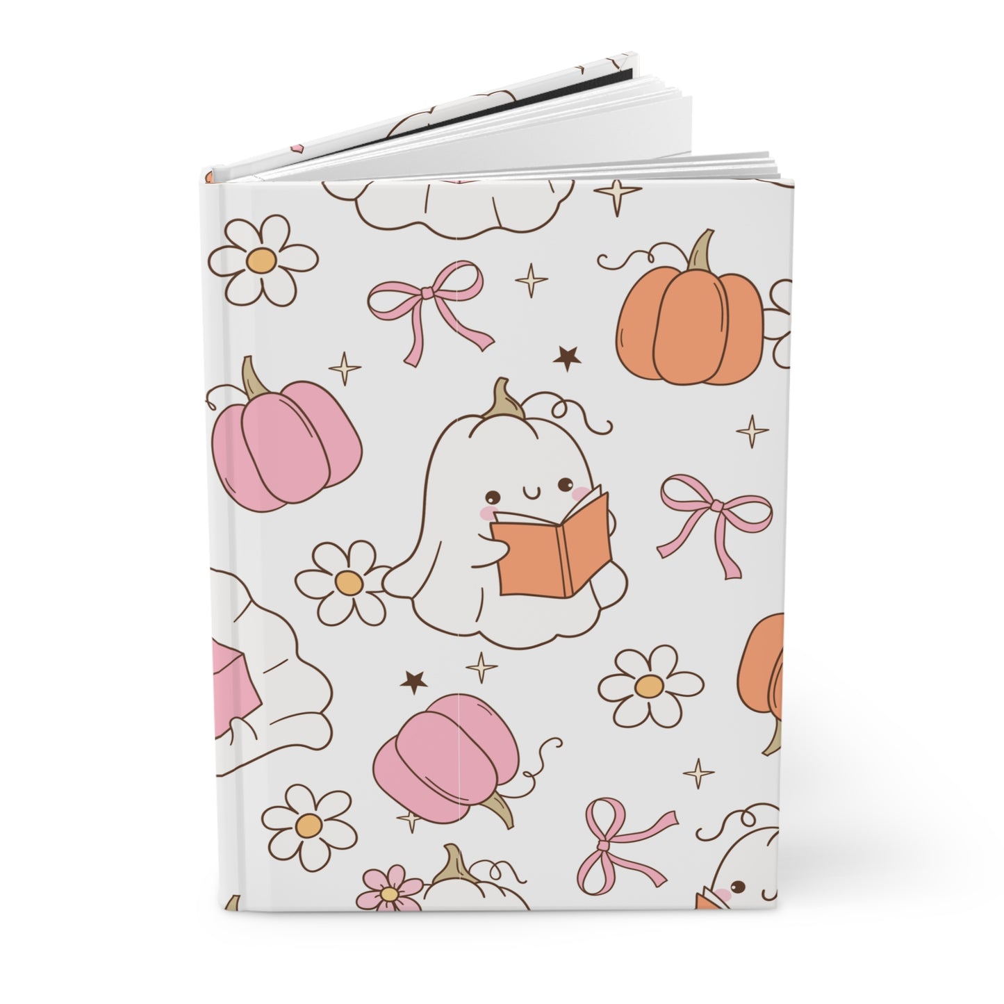 Cute Pink Ghost and Pumpkin Hardcover Journal for Fall,  Aesthetic Writing Notebook, Halloween Gift, Stationery Lovers, Kawaii Journal