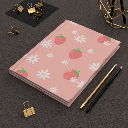Pink Strawberry Floral Hardcover Journal, 150 Lined Pages, Aesthetic Notebook for Writing & Notes, Cute Gift for Her, Stationery Lover