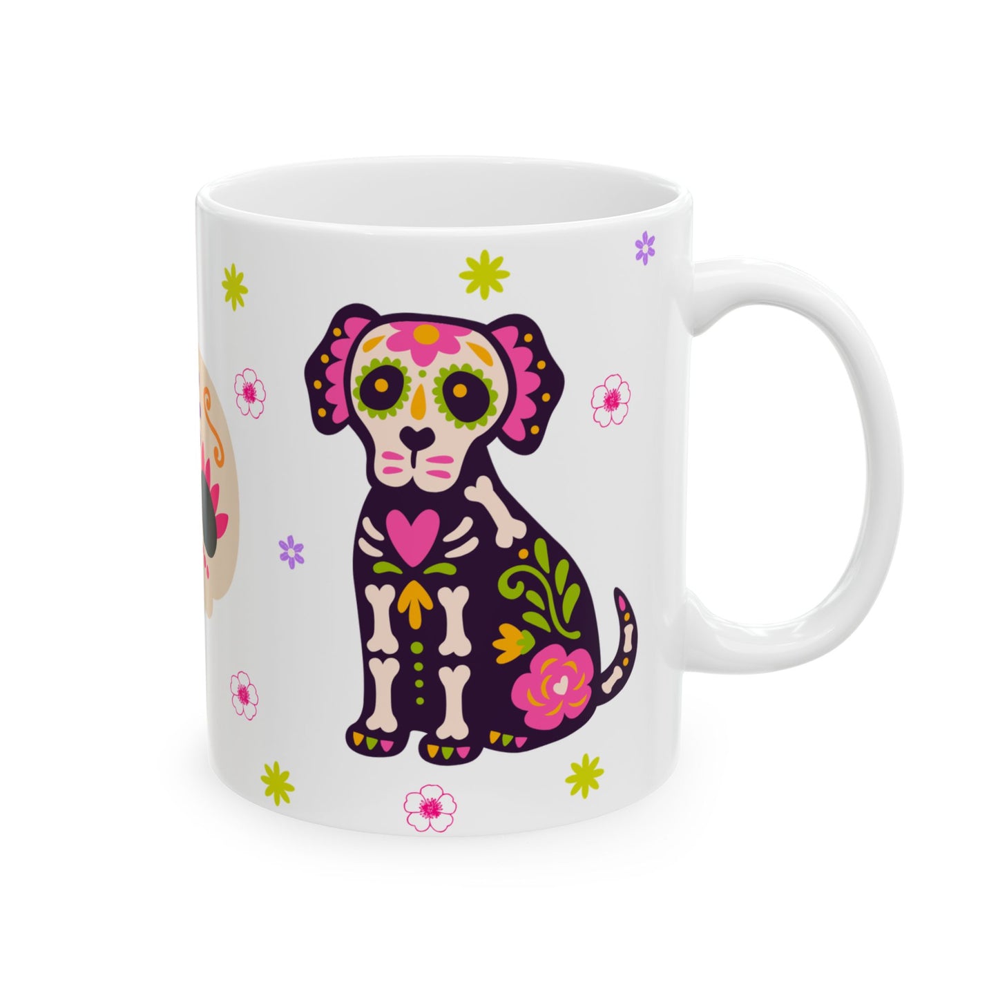 Colorful Day of the Dead Ceramic Mug, Halloween Gift, Sugar Skull Cup, Dog Lover's Mug, Festive Coffee Tea Cup