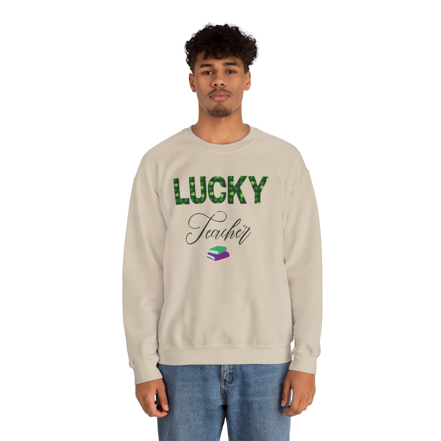 Model wearing a white Lucky Teacher sweatshirt with green clover lettering and book icon.