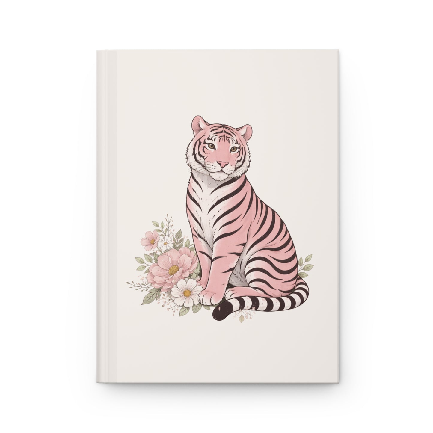 A soft, feminine hardcover journal featuring a pink tiger sitting among pastel flowers on a clean cream background