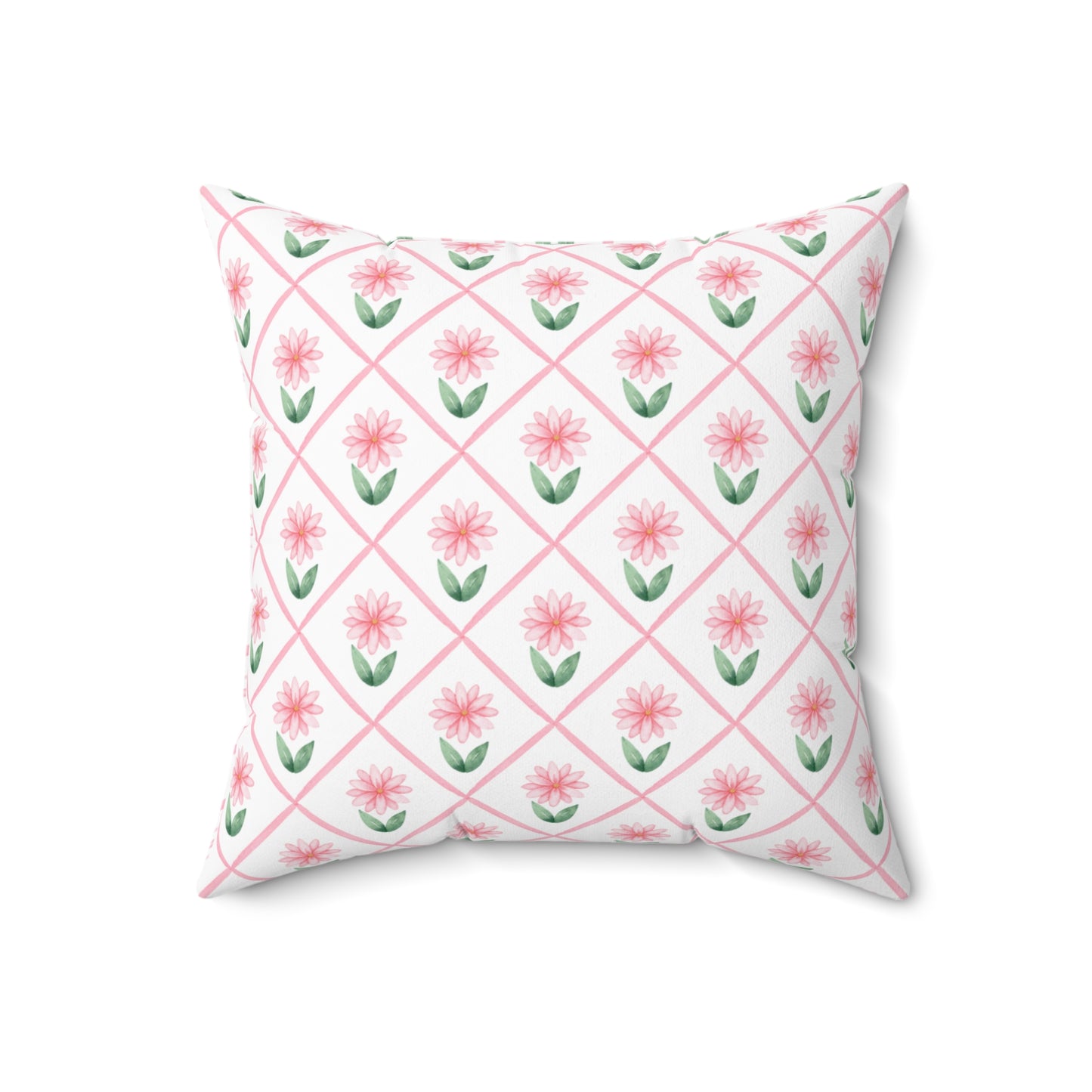 A square throw pillow with a pink daisy lattice pattern on a white background, shown against a plain white backdrop.