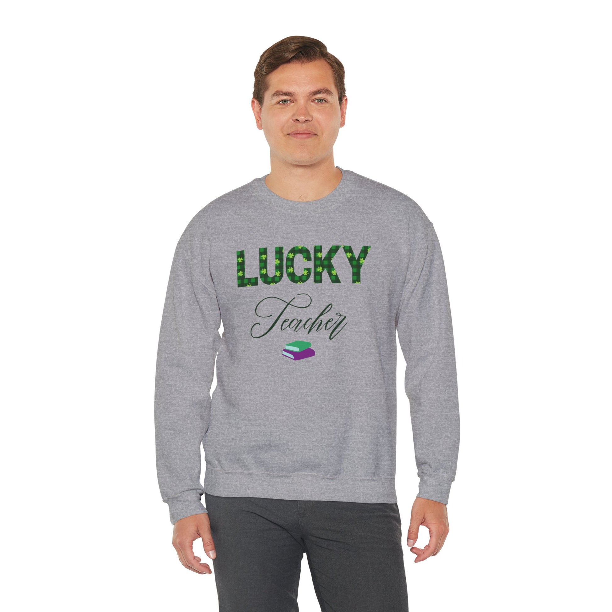 Model wearing a Lucky Teacher sweatshirt with green clover lettering and book icon.