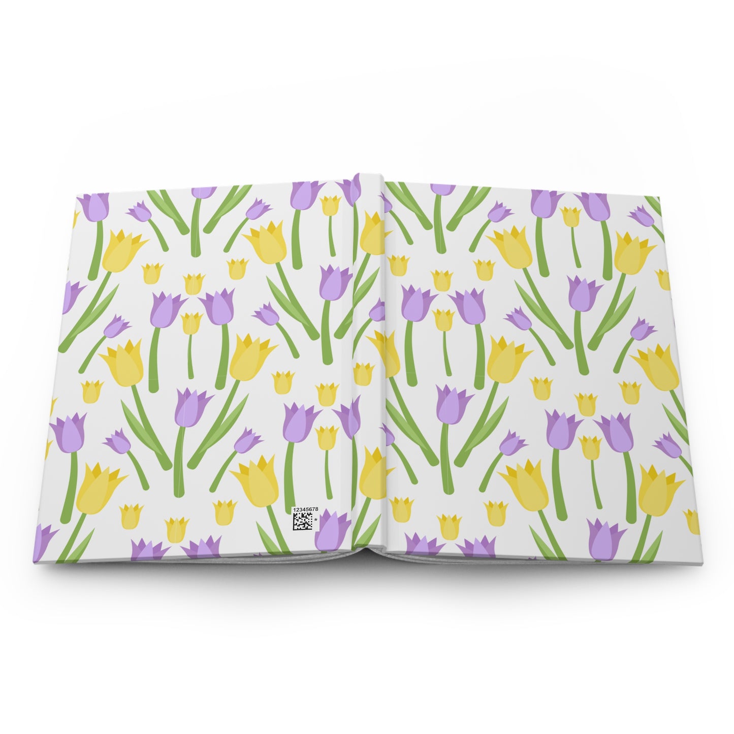 Open hardcover journal showing the full tulip pattern wrap across the front and back covers.