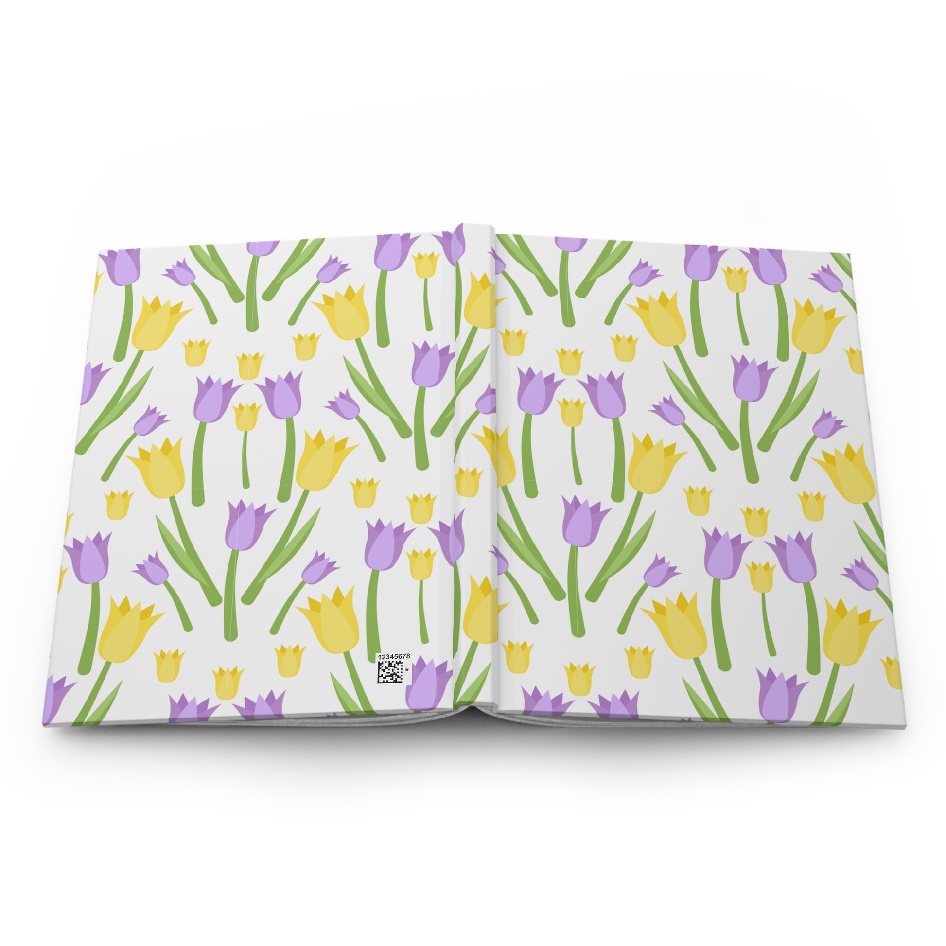 Open hardcover journal showing the full tulip pattern wrap across the front and back covers.