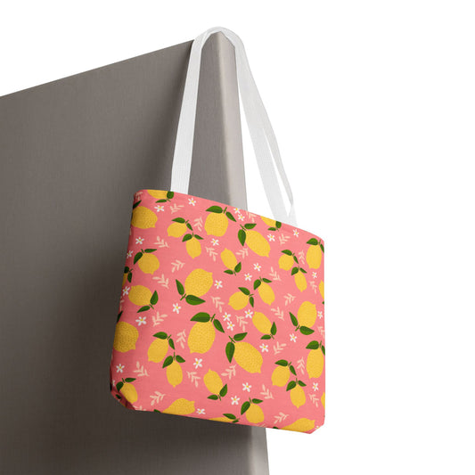 Pink Lemon Print AOP Tote Bag, Eco-Friendly Shopping Bag, Summer Style, Beach Tote, Gift for Her, Floral Shopping Bag