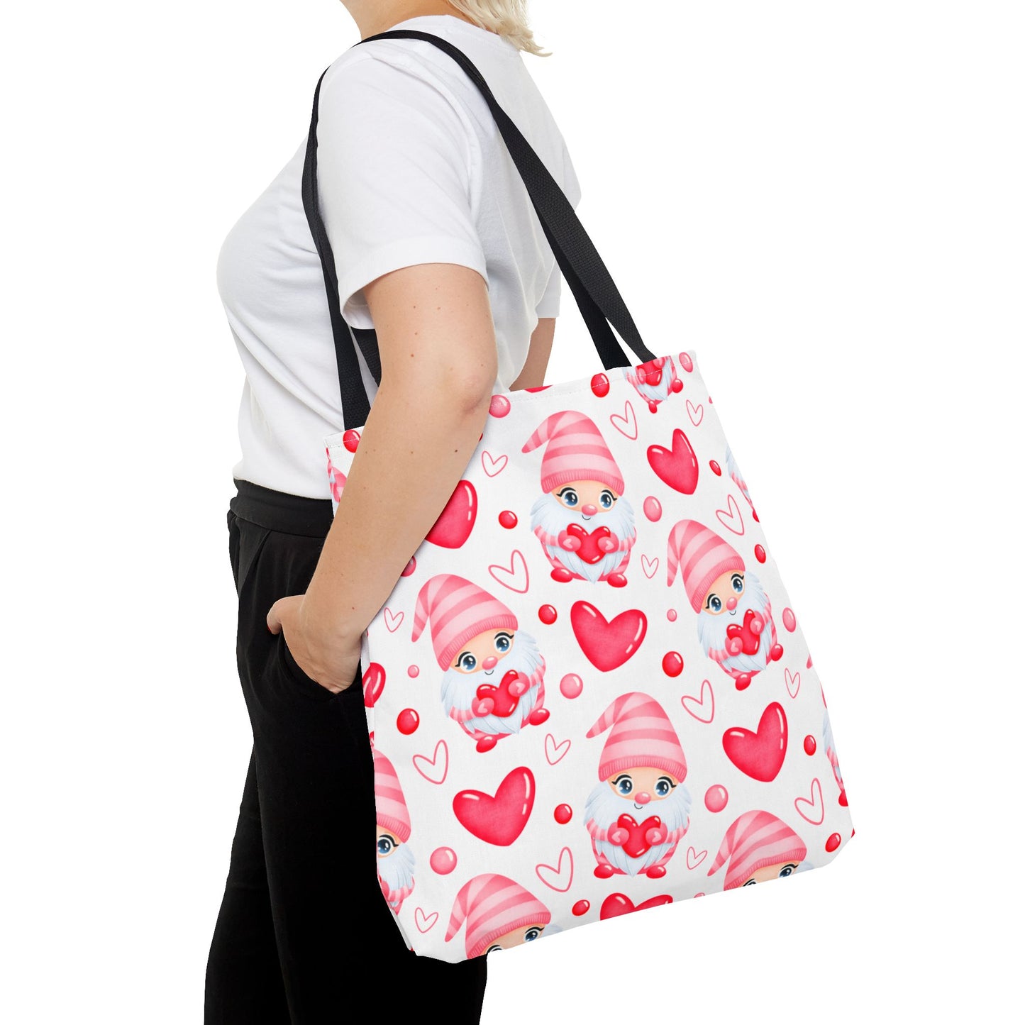 Cute Pink Gnome Tote Bag, Reusable Heart Grocery Bag, Love Themed Purse, AOP Shopping Tote, Valentine's Gift Idea