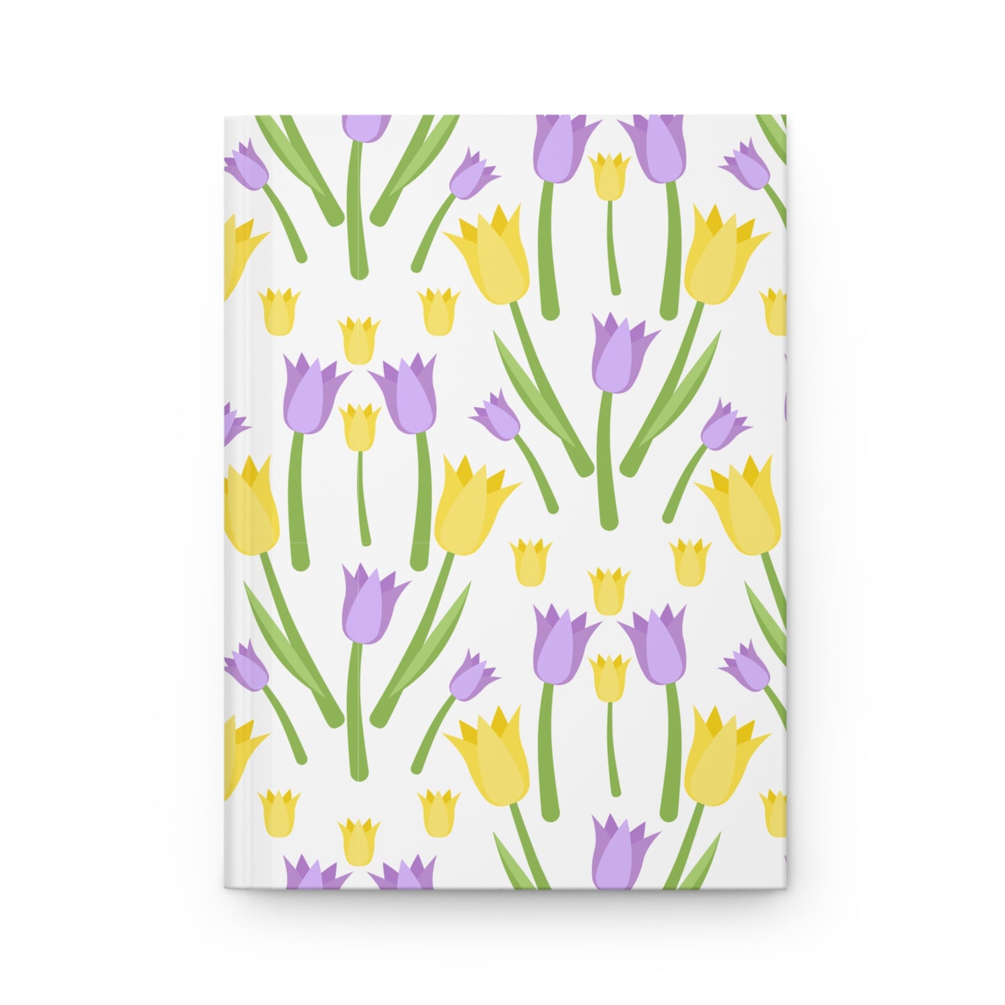 Hardcover journal with a repeating yellow and lavender tulip pattern on a white background.