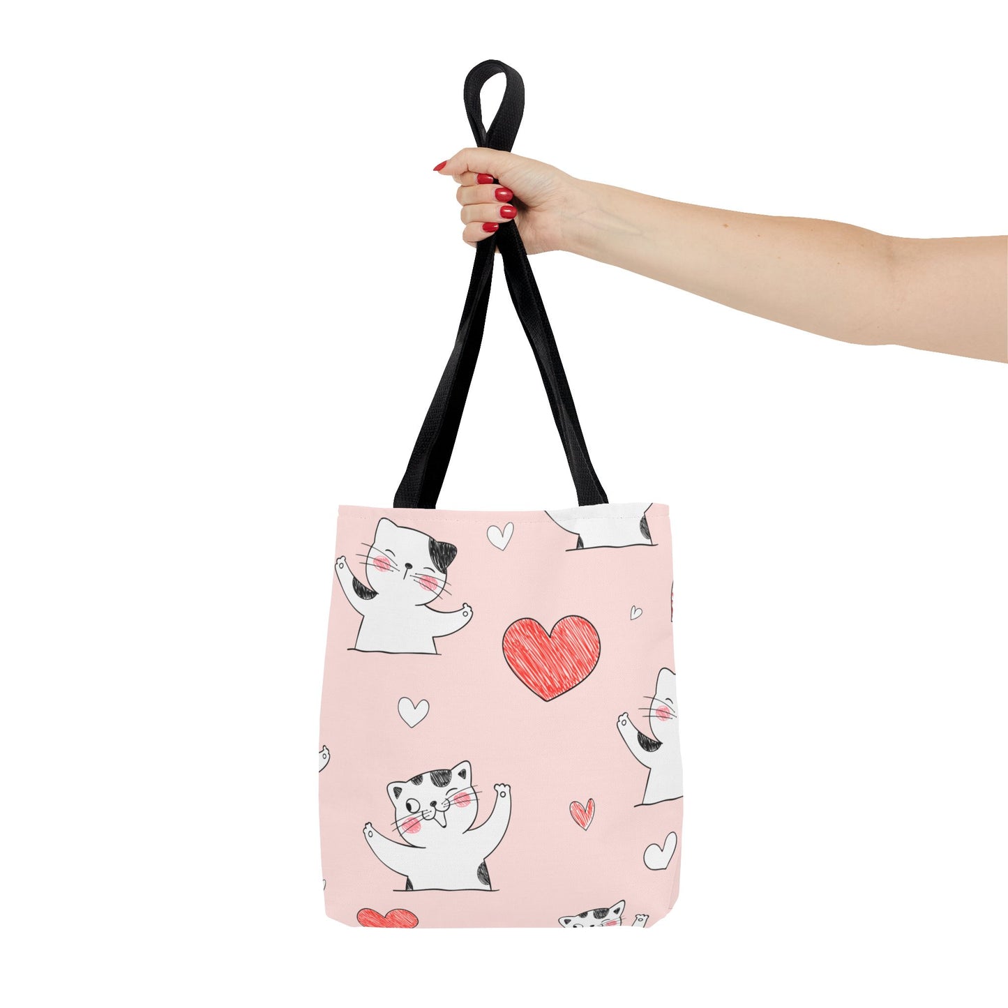 Cute Cat & Heart Canvas Tote Bag – Pink Reusable Shopping Bag for Cat Lovers