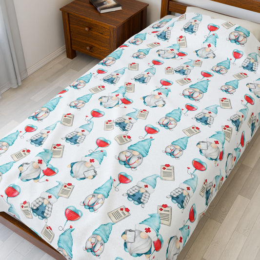 Medical Gnome Velveteen Plush Blanket, Blue Gnome Throw for Nurses, Doctors, Healthcare Workers, Cozy Gift for Medical Professionals