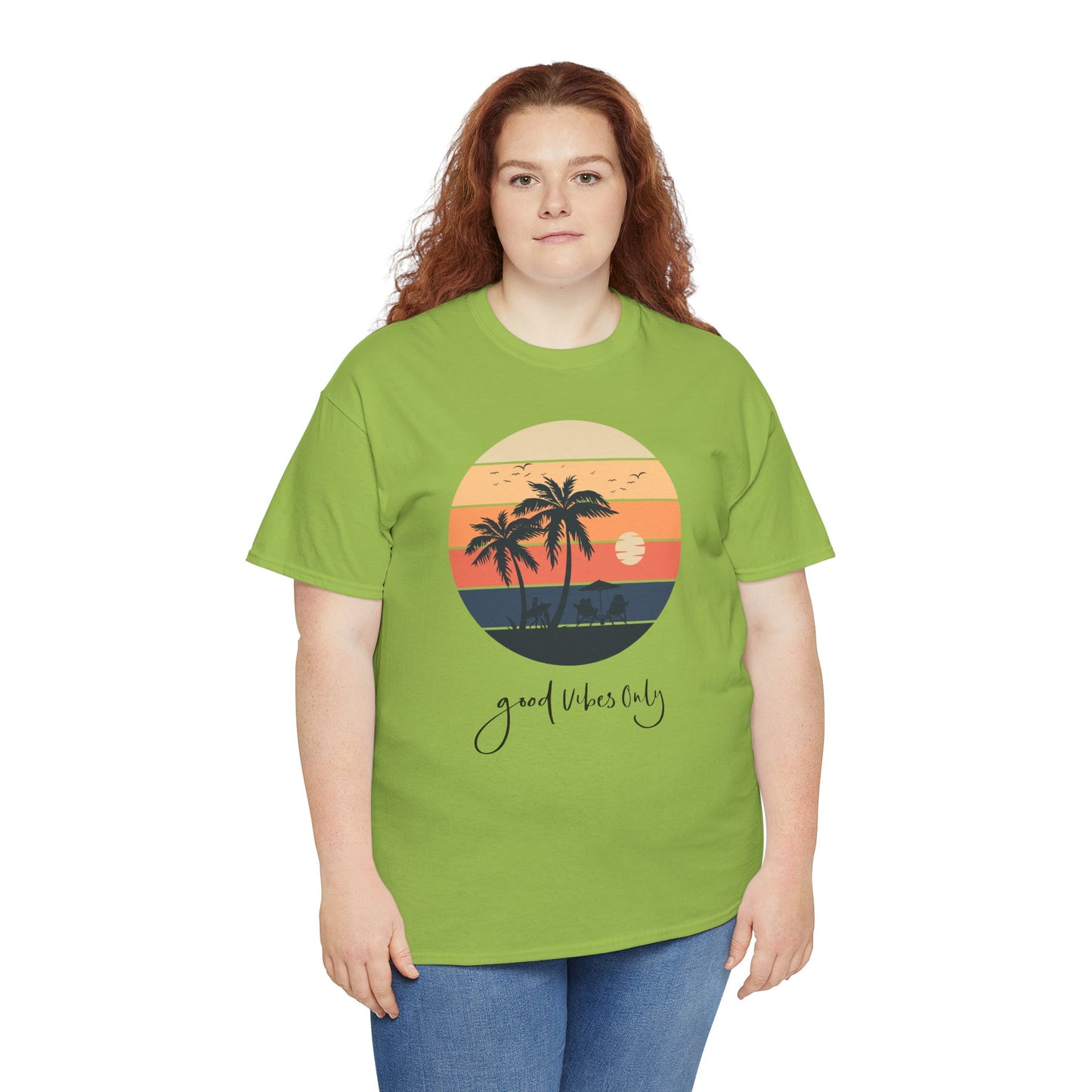 T-Shirt with Sunset Palm Graphic, Good Vibes Only Tee, Relaxed Style, Beachwear Inspiration, Summer Outfits, Vacation Casual
