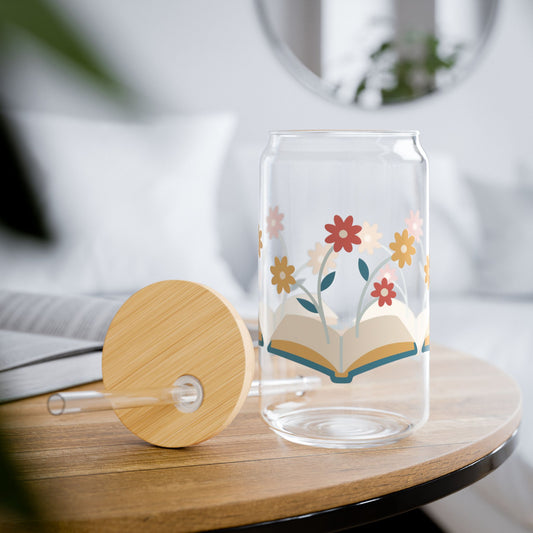 Floral Book Glass, 16oz Book Lover Sipper Cup with Bamboo Lid & Straw, Aesthetic Reading Gift, Cozy Iced Coffee Glass for Readers
