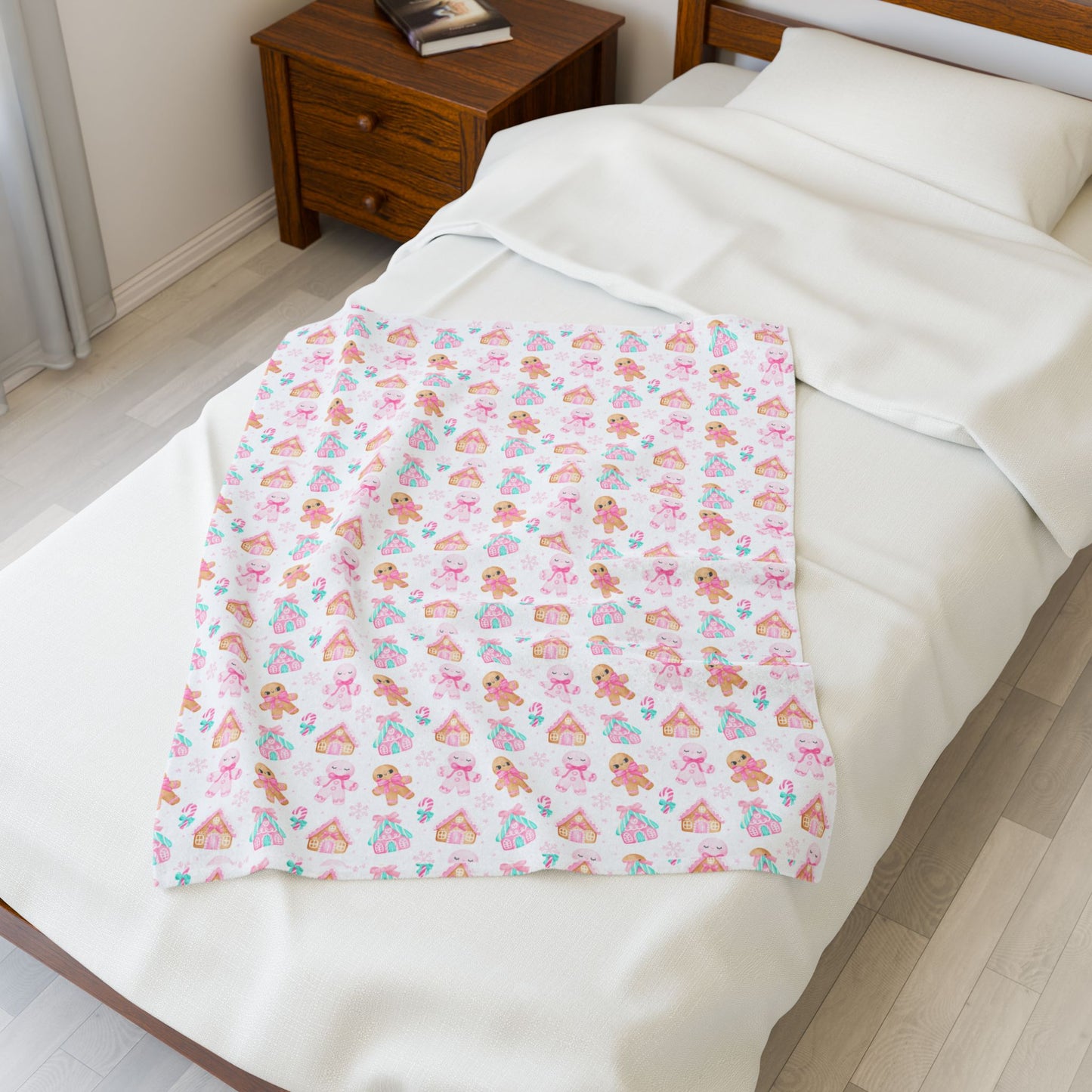 Pink Gingerbread Christmas Velveteen Plush Blanket, Holiday Cozy Soft Blanket, Great Holiday Gift, Gingerbread House Throw Bedding
