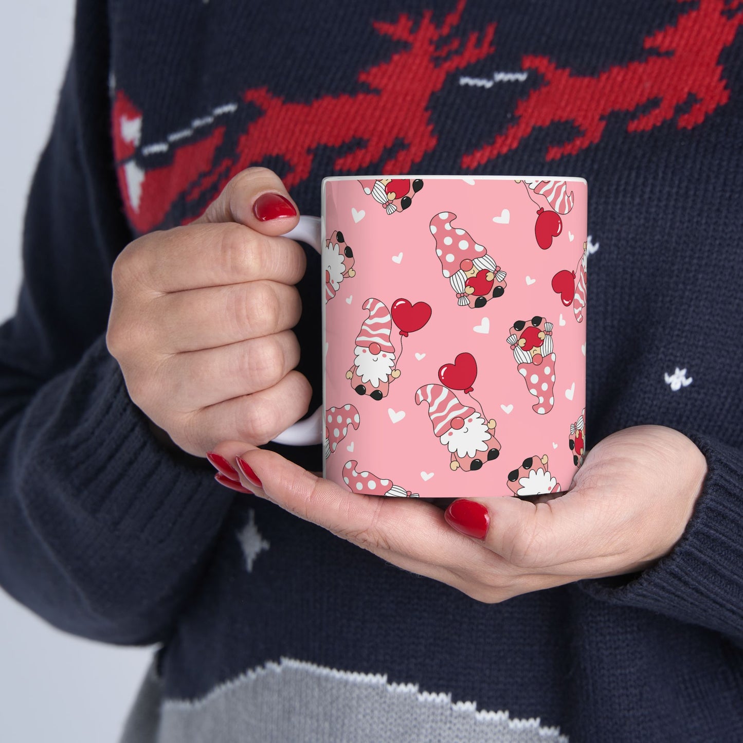 Valentine Gnome Mug, Pink Heart Mug for Her, Cute Gnome Coffee Cup, Romantic Gift for Girlfriend, Whimsical Valentine's Day Mug