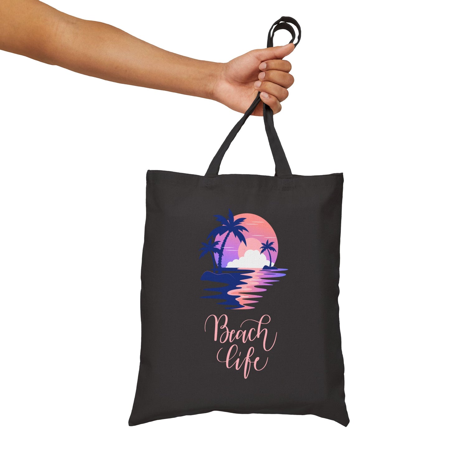Beach Life Cotton Canvas Tote Bag – Coastal Palm Sunset Design