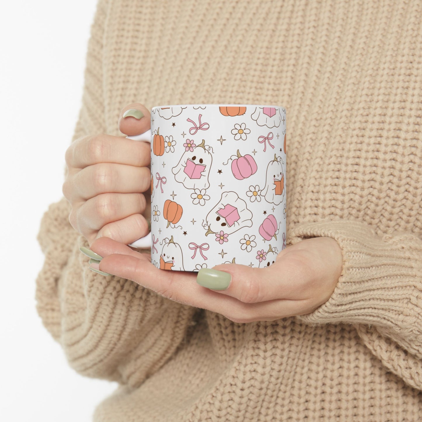 Halloween Ghost Pumpkin Pink Ceramic Mug, Trick or Treat Cup, Fall Season Coffee Mug, Halloween Decor, Autumn Tea Cup