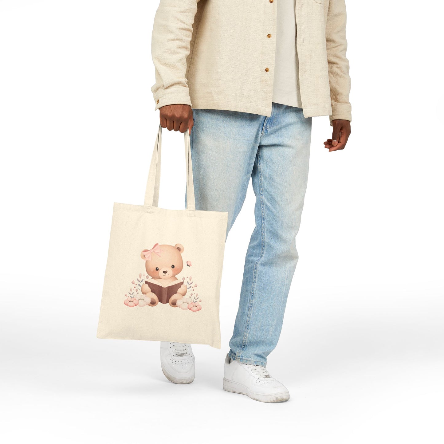 Cute Bear Reading Tote Bag, Eco-Friendly Shopping Bag, Gift for Kids, Animal Lover Tote, Baby Shower Tote, Nursery Decor