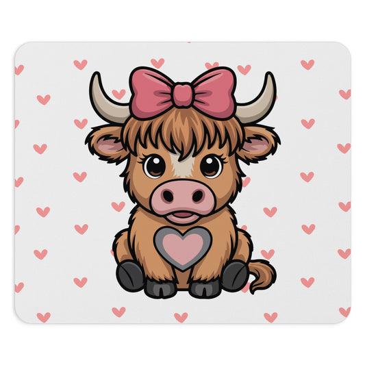 Cute Highland Cow Mouse Pad – Adorable Desk Accessory with Hearts & Bow Design