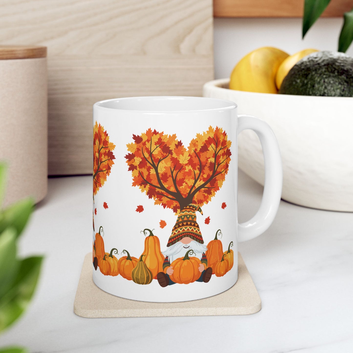 Fall Gnome Pumpkin Mug – Cozy Autumn Coffee Cup with Heart Tree Design, Perfect for Seasonal Sips & Gift Giving