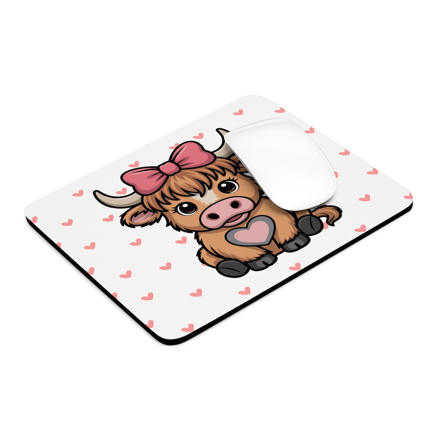Cute Highland Cow Mouse Pad – Adorable Desk Accessory with Hearts & Bow Design
