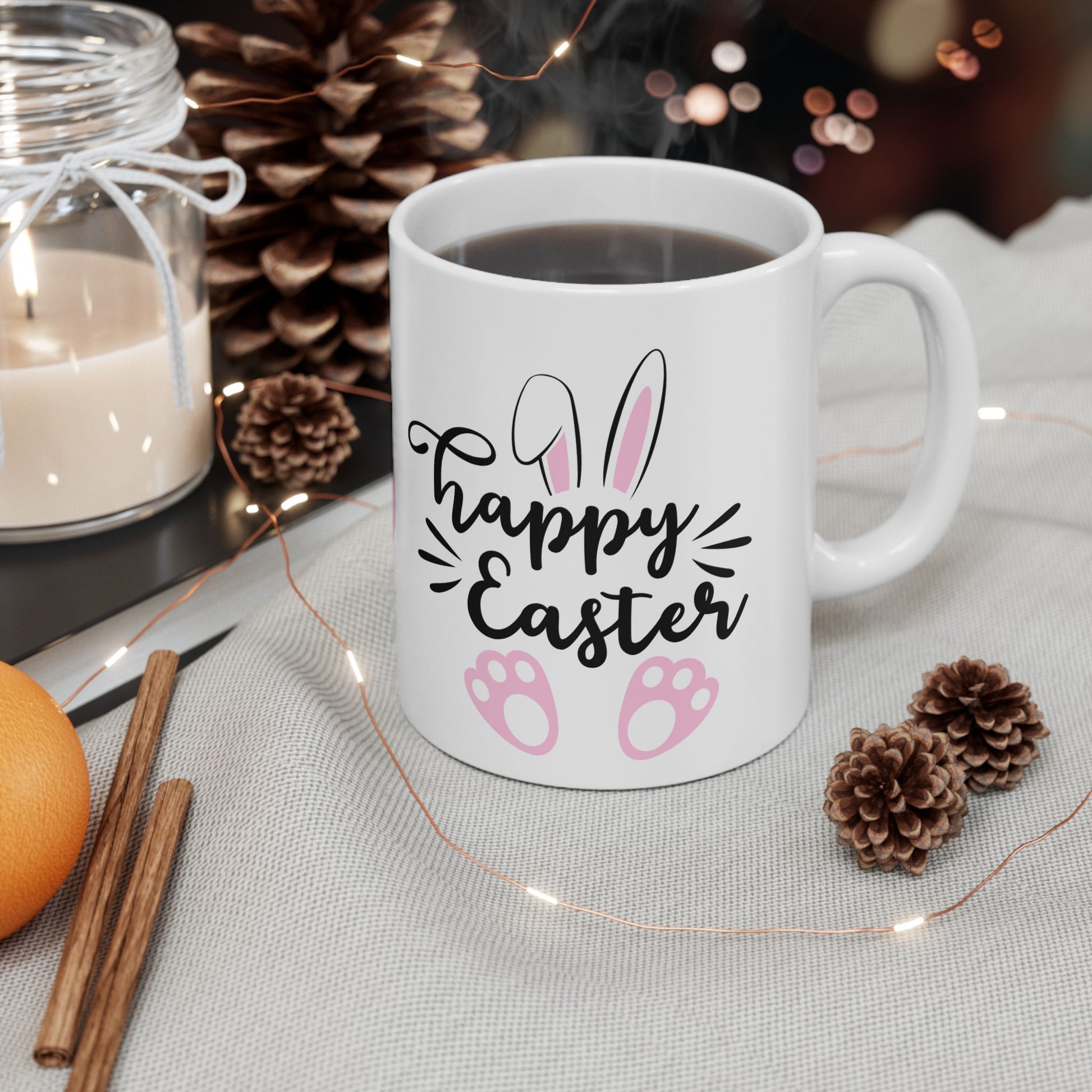 Adorable Happy Easter bunny mug with cute ears & paw prints.