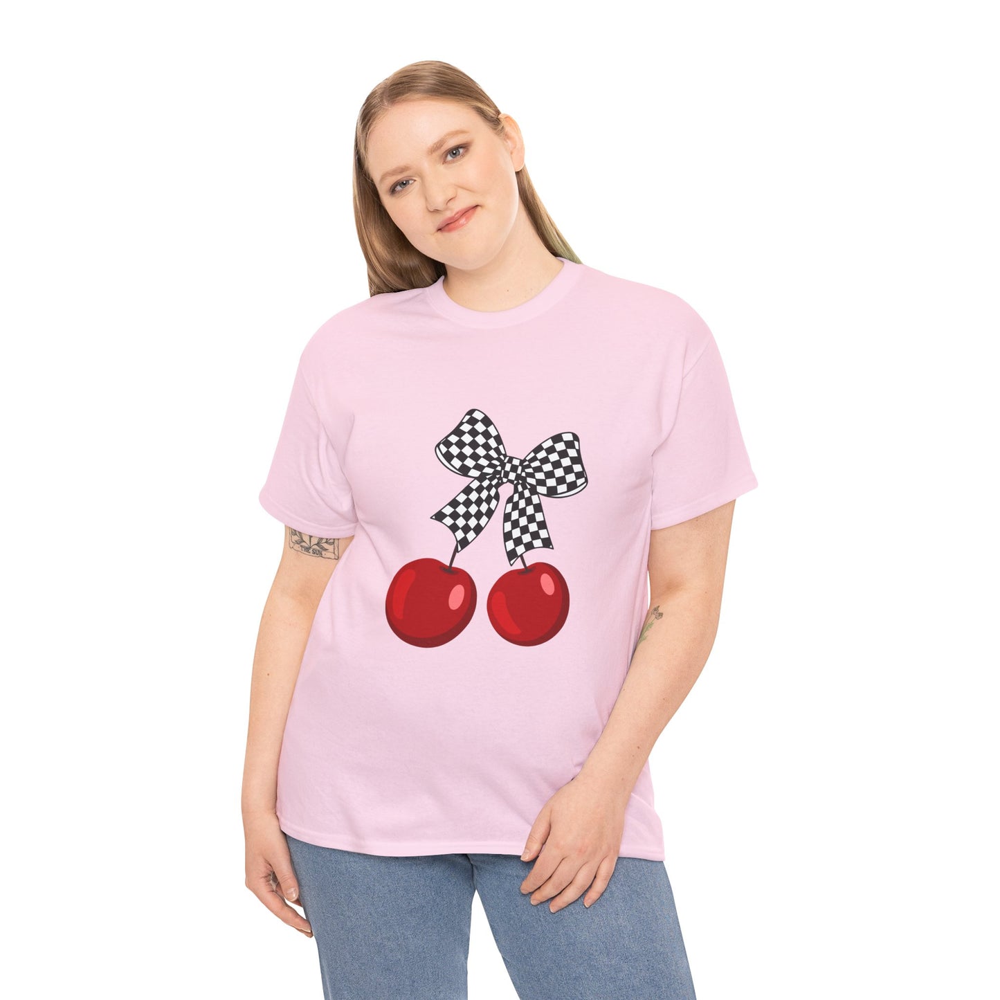 Cherry Bow Unisex Heavy Cotton Tee, Cute Graphic Tee, Casual Wear, Summer Shirt, Perfect Gift, Retro Style Tee