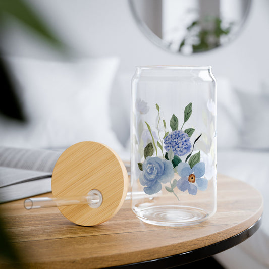 Blue Floral Butterfly Glass, 16oz Sipper Cup with Bamboo Lid & Straw, Aesthetic Iced Coffee Glass, Cottagecore Drinkware, Gift for Her