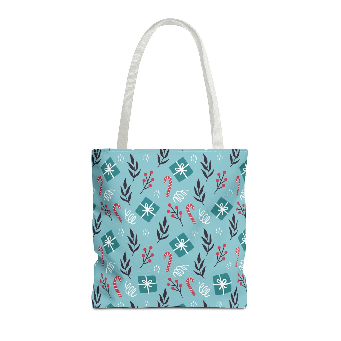 Holiday Gift Pattern Tote Bag – Teal Christmas Candy Cane & Berry Design