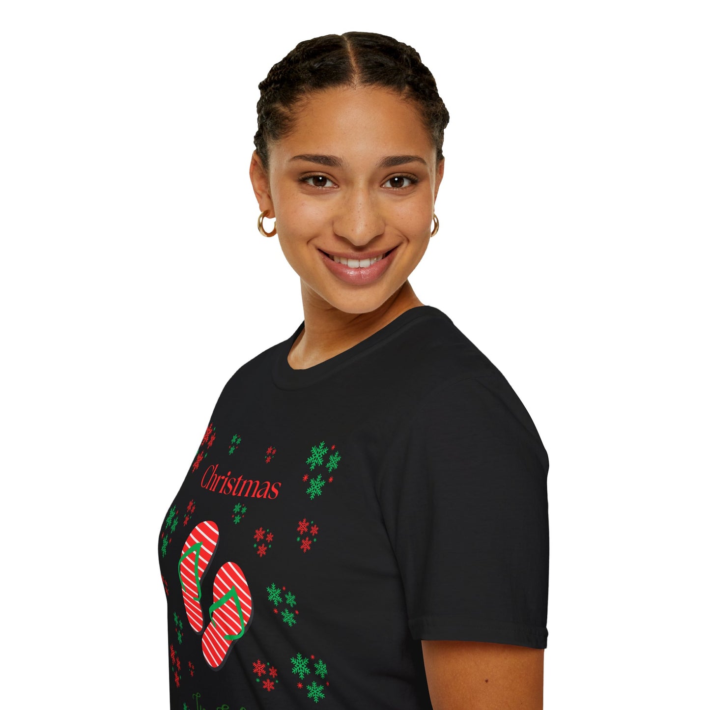 Christmas In July Softstyle T-Shirt, Holiday Apparel, Gift Idea, Summer Vibes, Casual Wear, Holiday Flip Flops