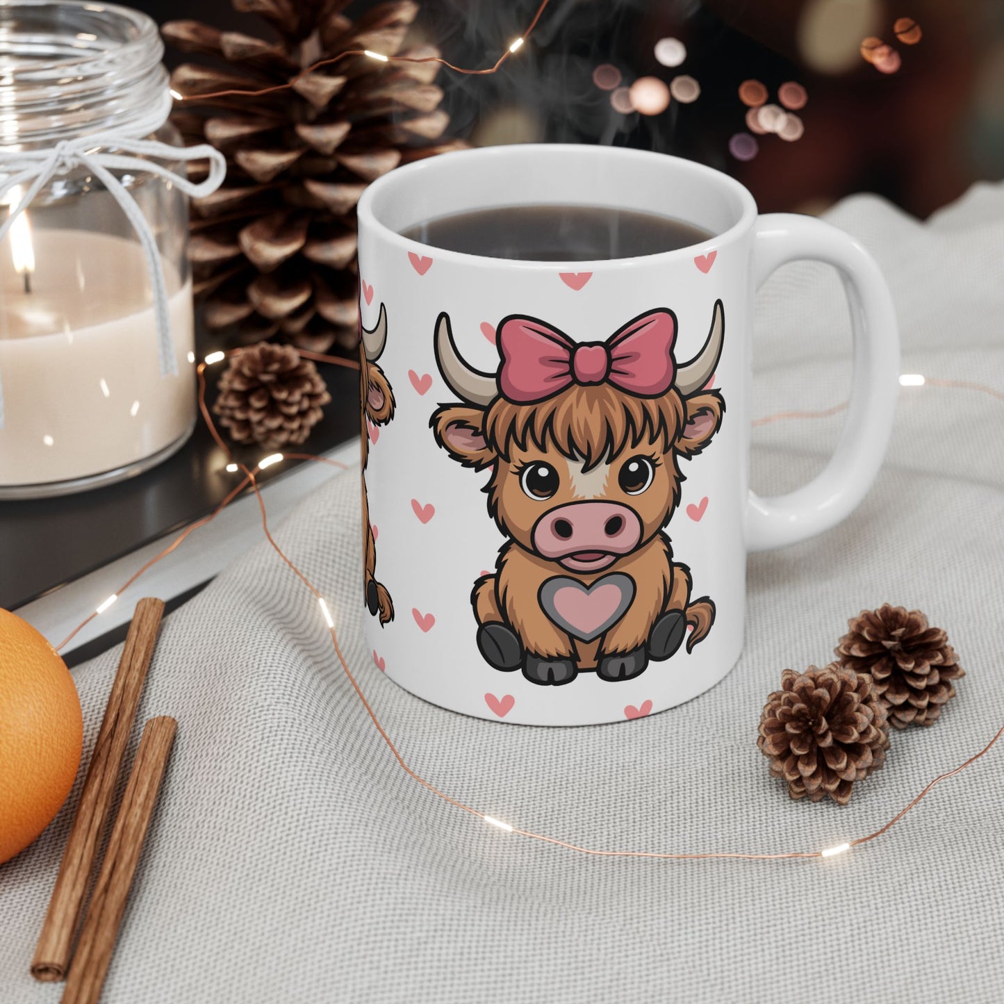 Cute Highland Cow Ceramic Mug – Adorable 11oz Coffee Cup with Hearts & Bow Design