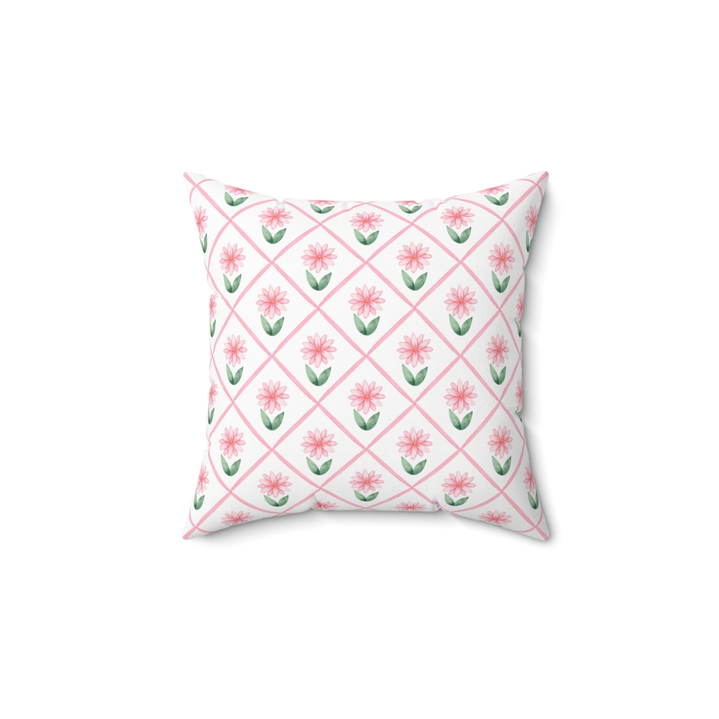 A square throw pillow with a pink daisy lattice pattern on a white background, shown against a plain white backdrop.