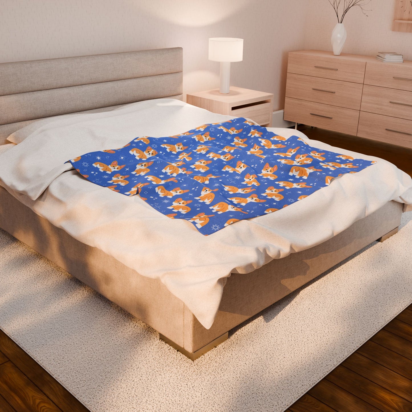 Blue Corgi Pattern Velveteen Plush Blanket, Cozy Corgi Throw Blanket, Soft Pet Blanket, Cute Dog Decor for Home, Gift for Dog Lovers