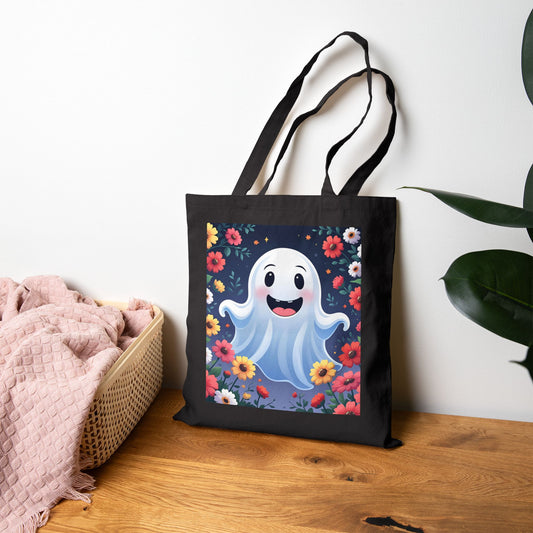 Floral Ghost Cotton Canvas Tote Bag, Eco-Friendly Shopping Tote, Halloween Gift, Beach Bag, Reusable Grocery Bag