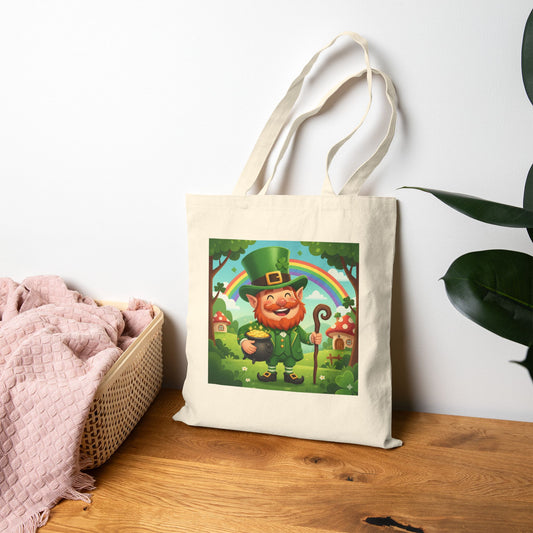 Cute leprechaun canvas tote bag featuring a rainbow design. Perfect for St. Patrick’s Day, errands, travel, and festive gifting.